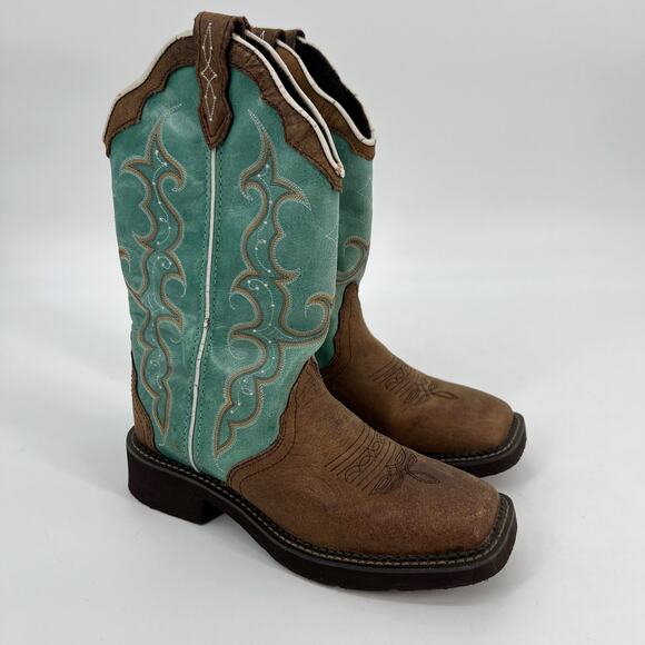 Justin Raya Western Boots Women 7B Turquoise Blue Brown Leather Square Toe L2904 - Picture 1 of 11